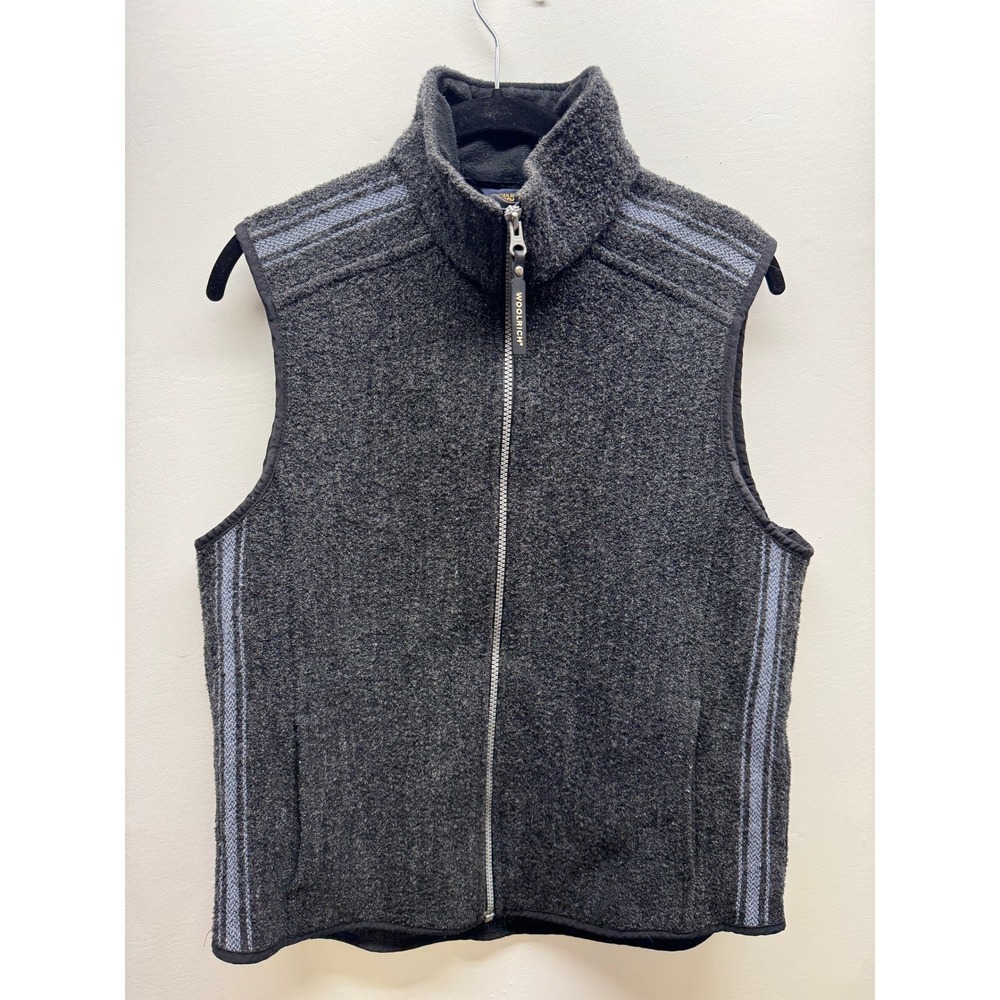Woolrich TechnoWool Vest Womens S Dark Gray Full Zip Sleeveless Knit Stripe Trim - Picture 1 of 8